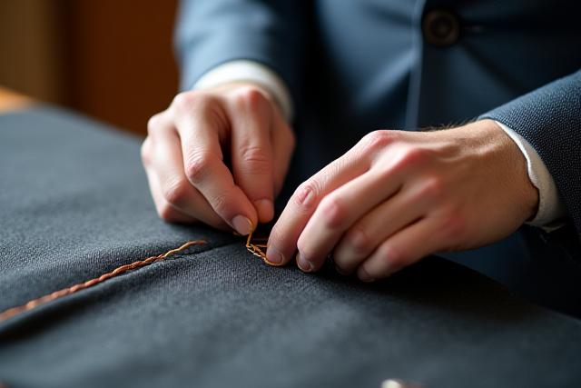 熟練の縫製職人の手が細部にわたるスーツを縫い合わせる様子